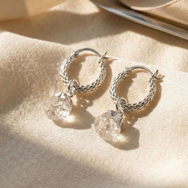 Raw Moonstone June Birthstone Huggie Hoops Sterling Silver Gemstone Earrings