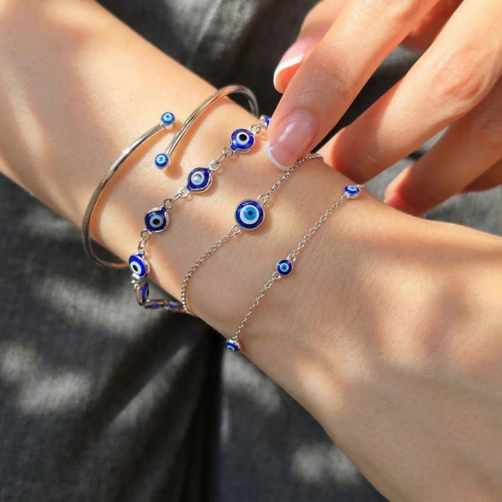 Turkish Blue Evil Eye Silver Charm Friendship Bracelet