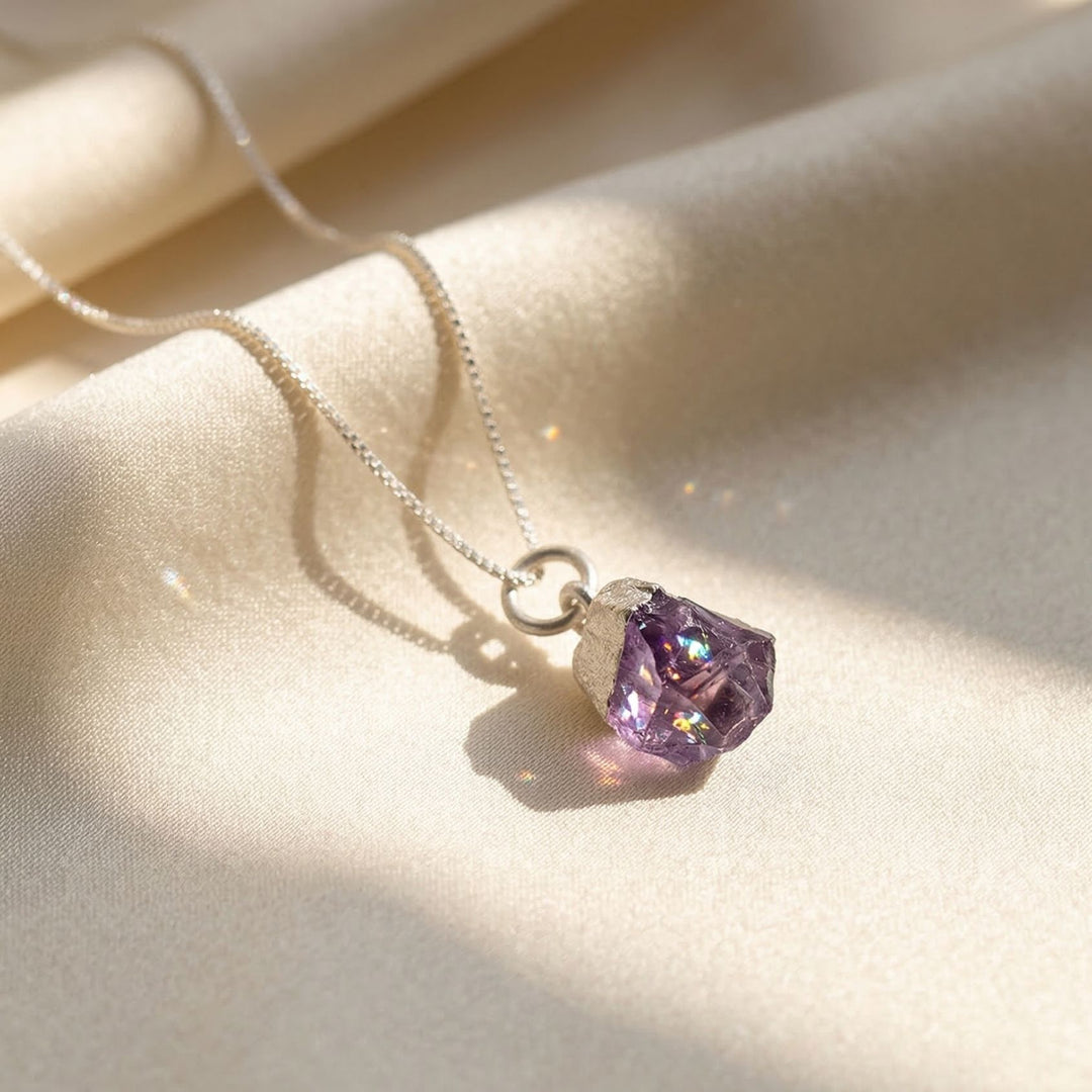 Sterling Silver Raw Amethyst February Birthstone Crystal Necklace