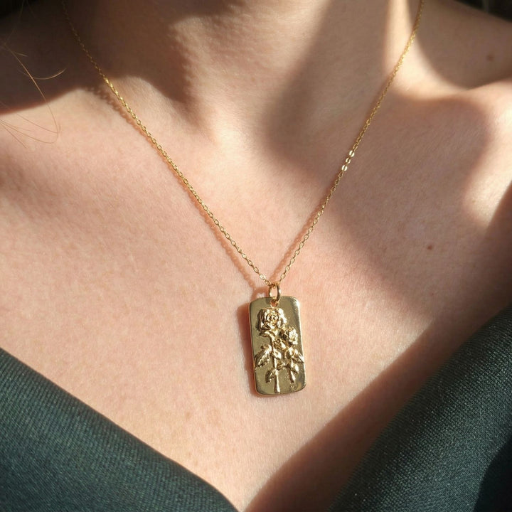 Dainty Rose June Birth Floral Flower Gold Plated Charm Necklace