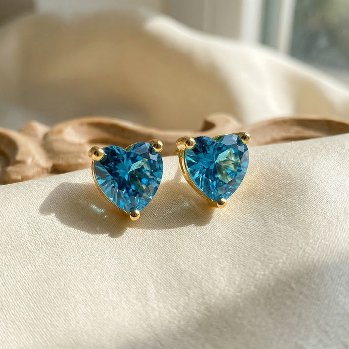 Blue Topaz Heart December Birthstone Stud Earrings