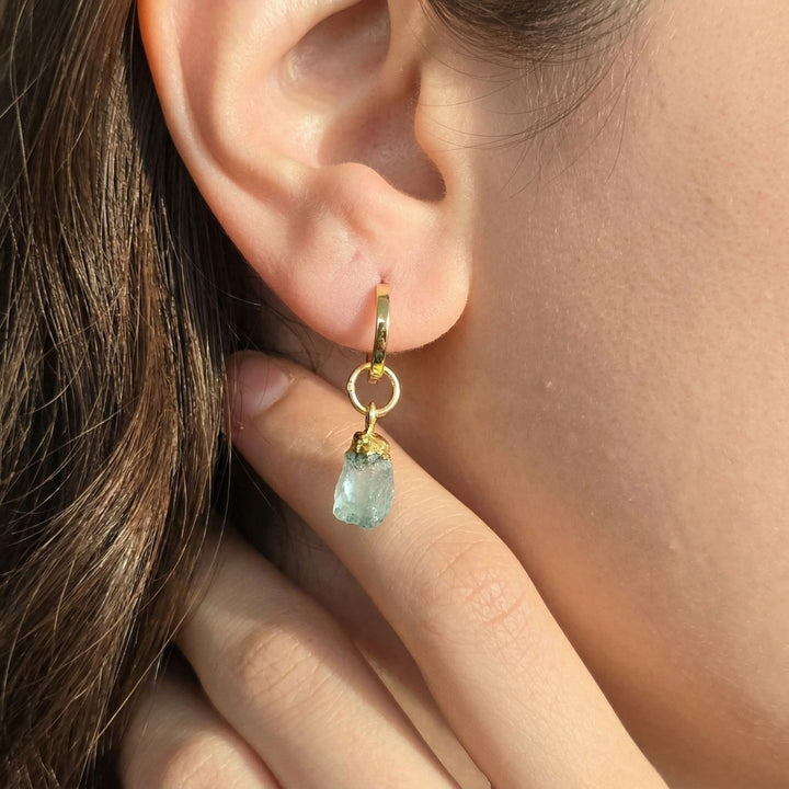Raw Aquamarine March Birthstone Gold Plated Huggies