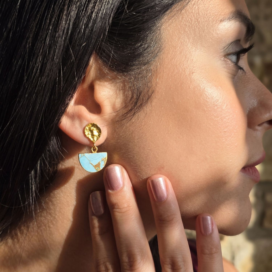 Statement Blue Turquoise December Birthstone Hammered Earrings