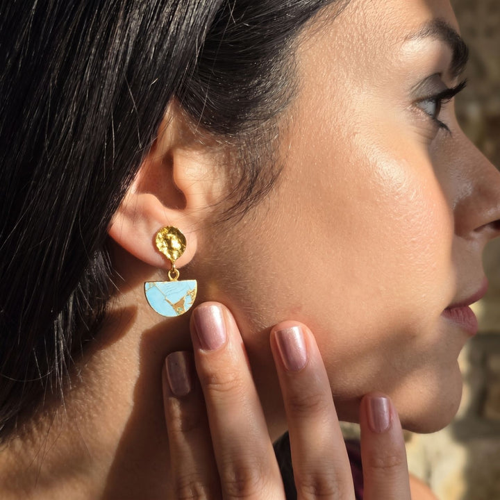 Statement Blue Turquoise December Birthstone Hammered Earrings