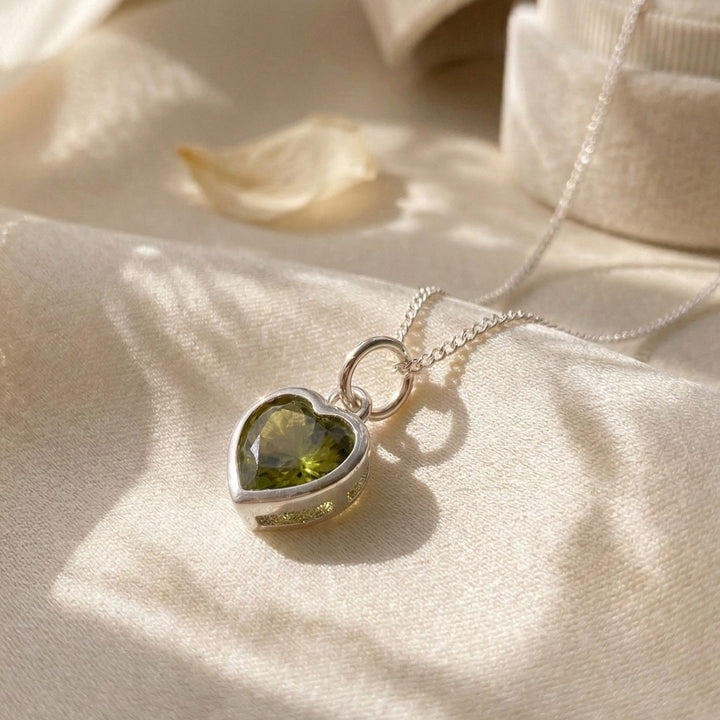 Mini Heart Silver Peridot August Birthstone Necklace