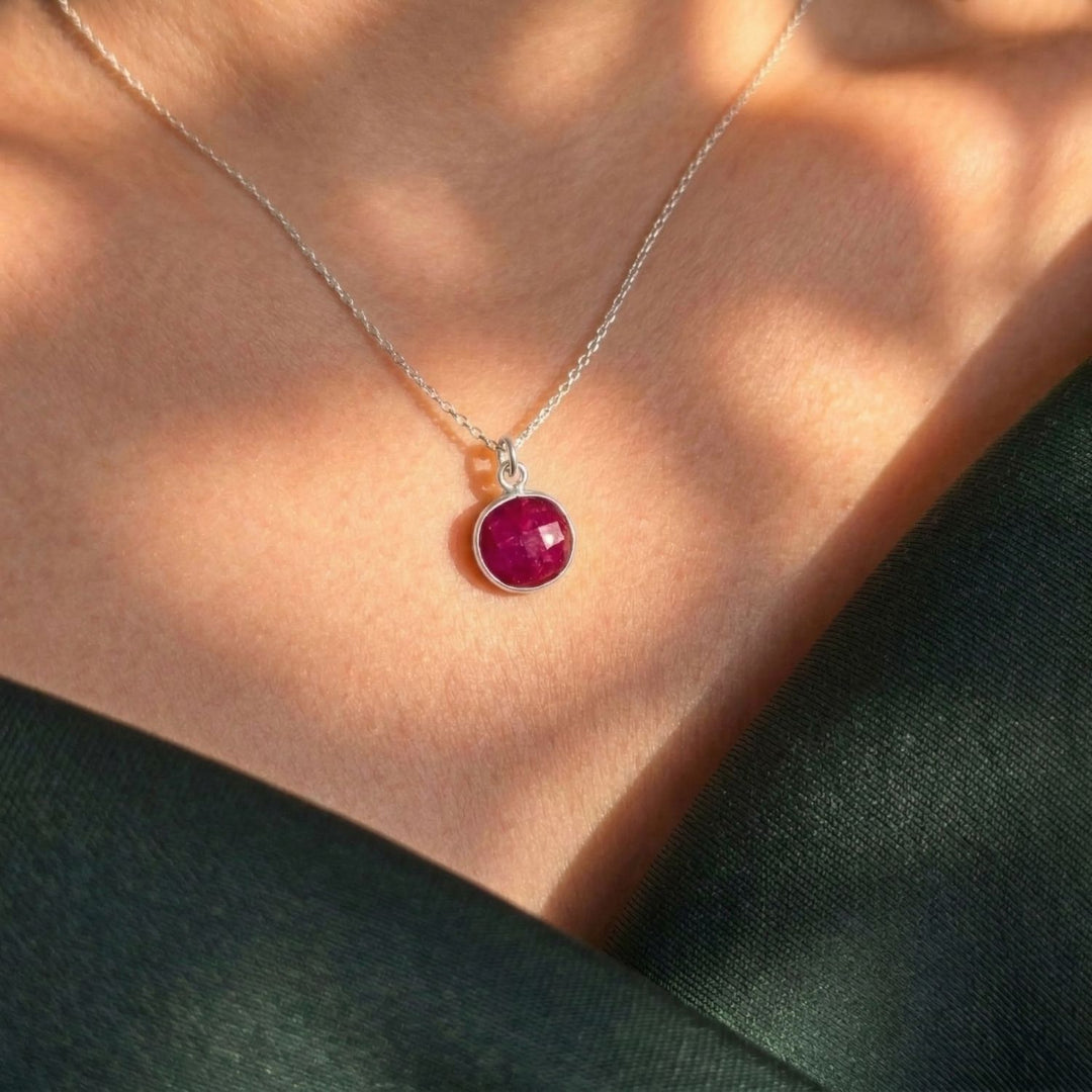 Sterling Silver Plated Round Ruby Necklace