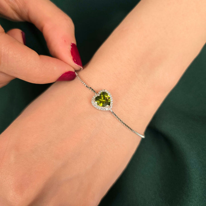 Peridot August Birthstone Love Heart Charm Sterling Silver Bracelet