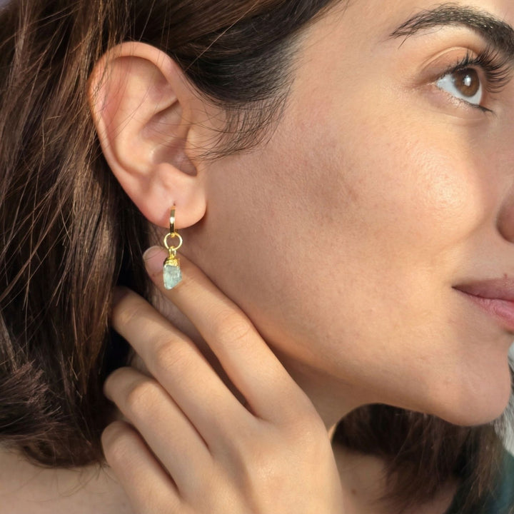 Raw Aquamarine March Birthstone Gold Plated Huggies