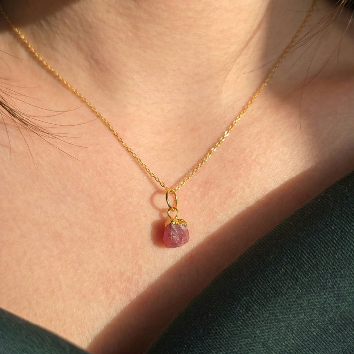 Raw Pink Tourmaline October Birthstone Gold Plated Charm Necklace
