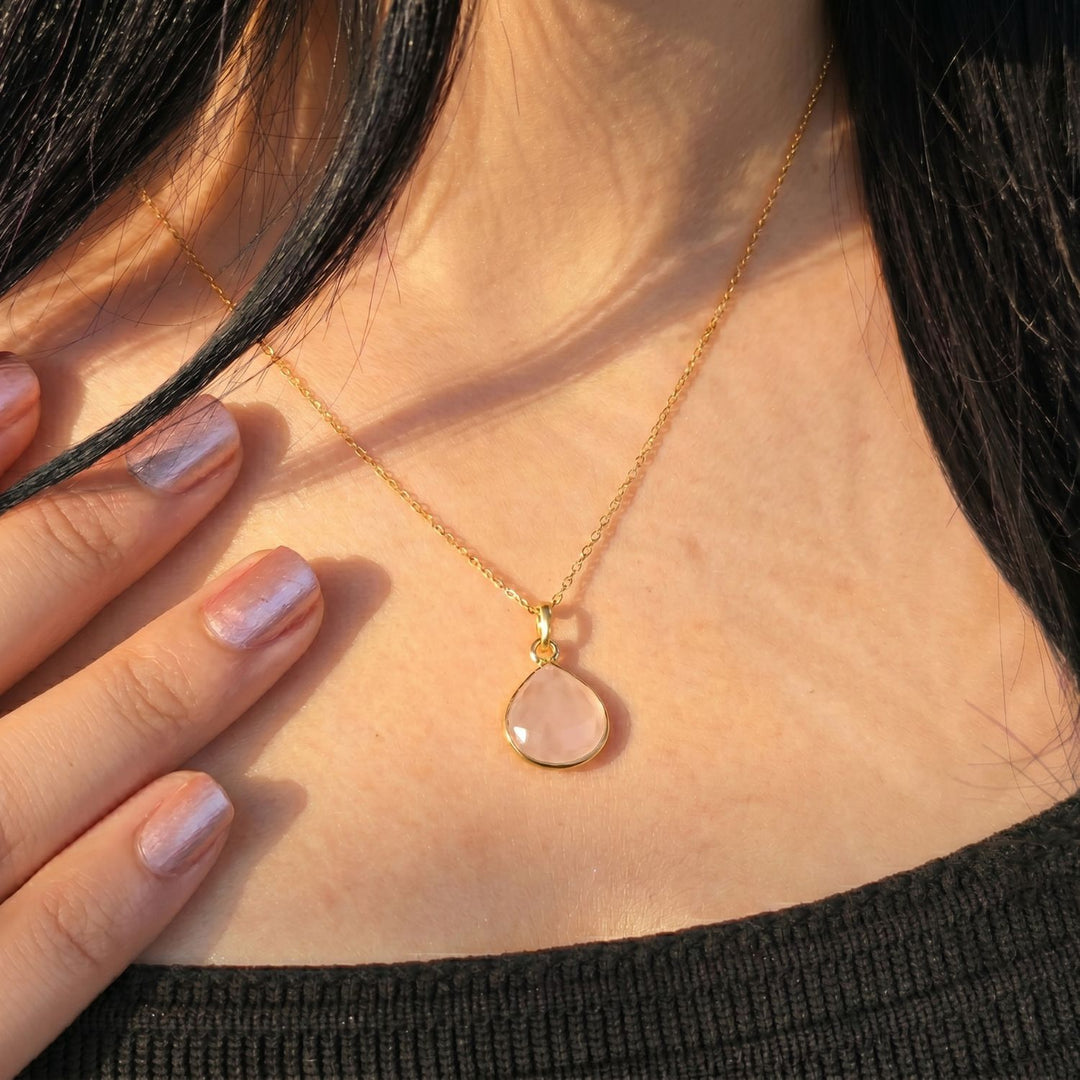 18ct Gold Vermeil Plated Rose Quartz October Birthstone Pendant Necklace