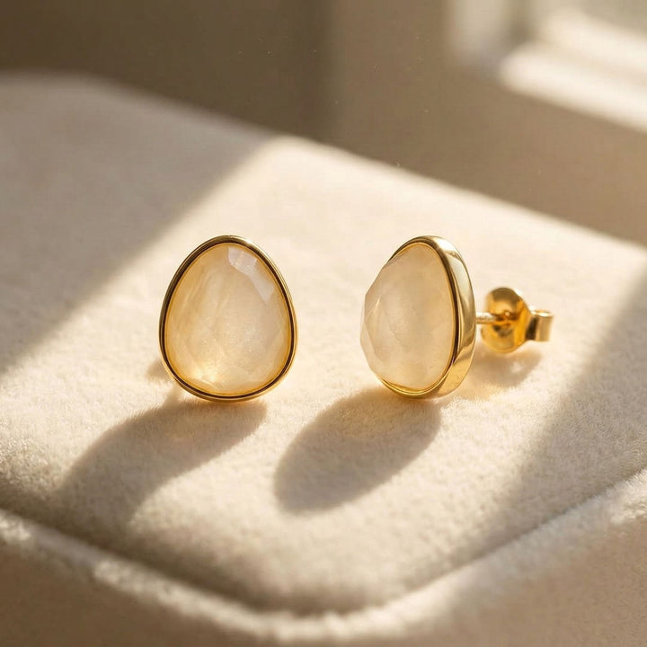 Fiery Moonstone Pear Shaped Stud Gold Plated Earrings