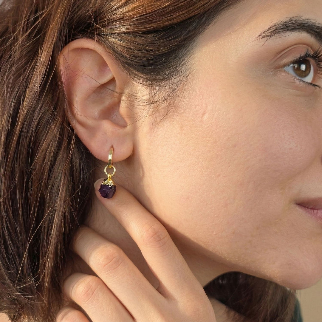 Raw Amethyst February Birthstone Gold Plated Huggies