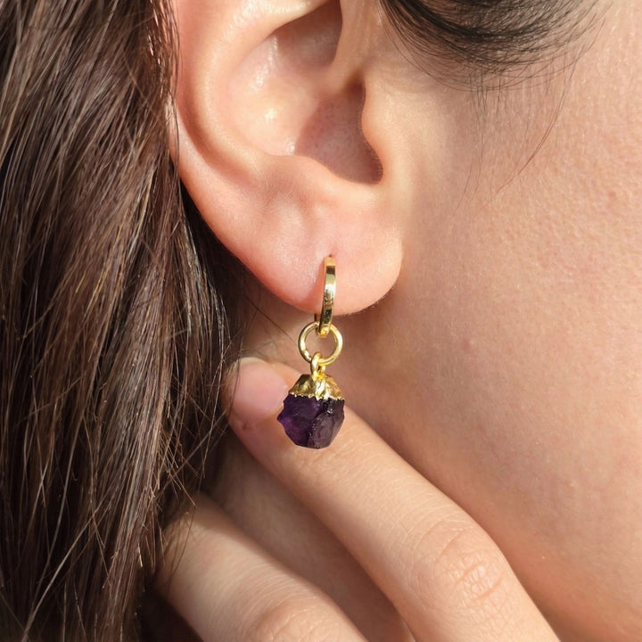 Raw Amethyst February Birthstone Gold Plated Huggies