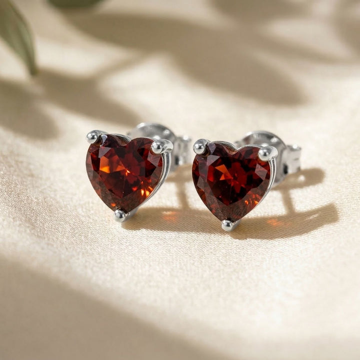Garnet Heart Sterling Silver Stud Gemstone Earrings