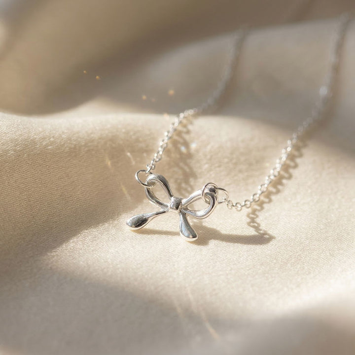 Tiny Small Bow Tie Ribbon Sterling Silver Necklace