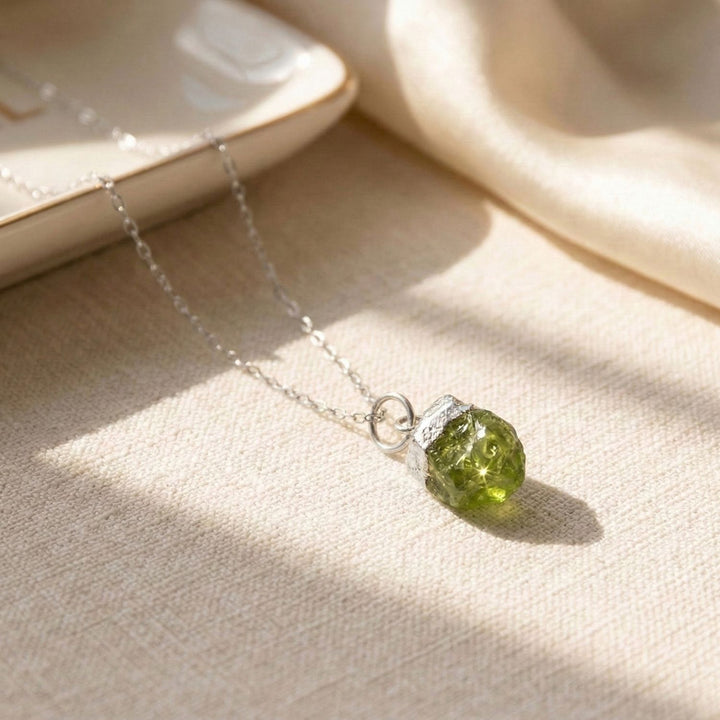 Raw Peridot Sterling Silver August Birthstone Necklace