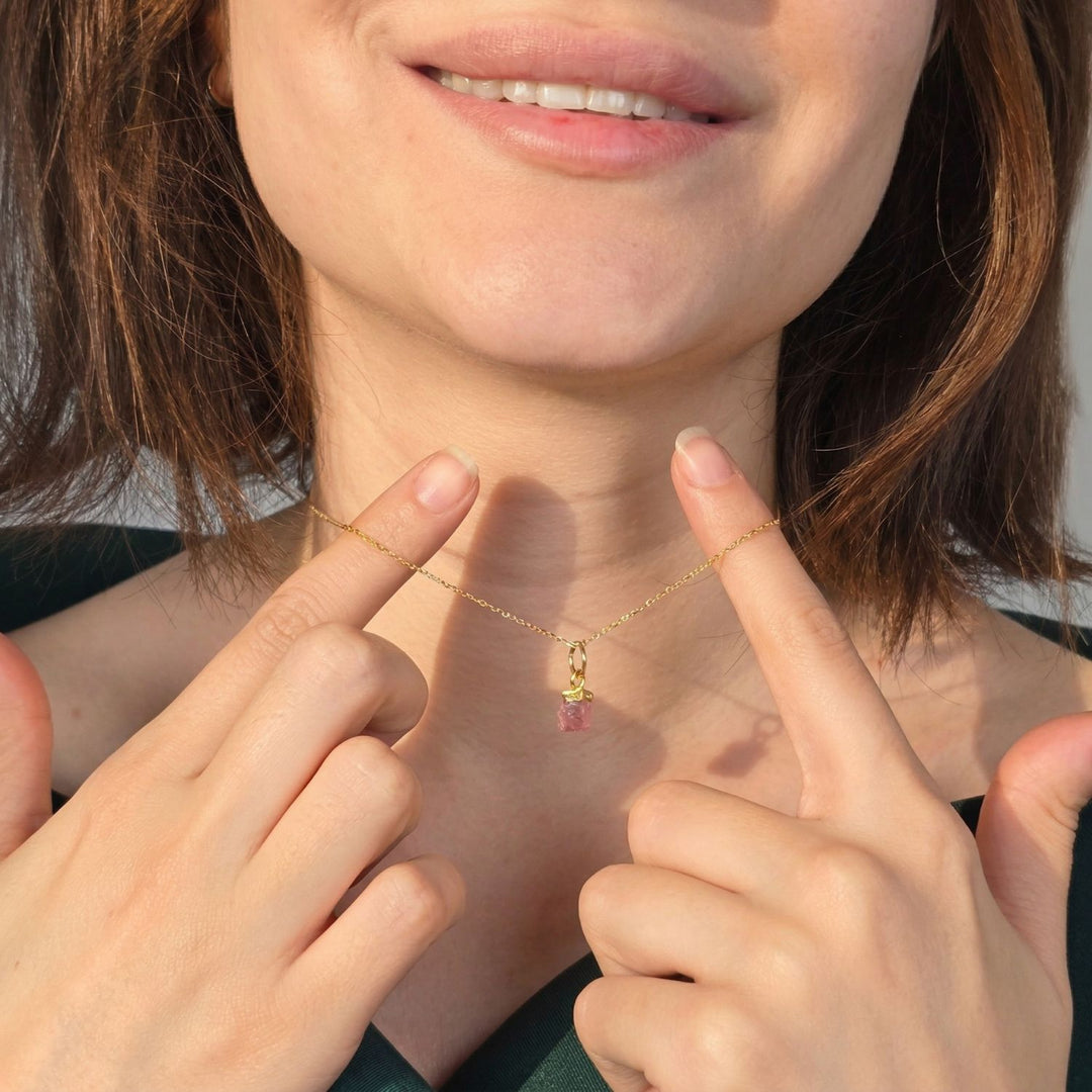 Raw Pink Tourmaline October Birthstone Gold Plated Charm Necklace