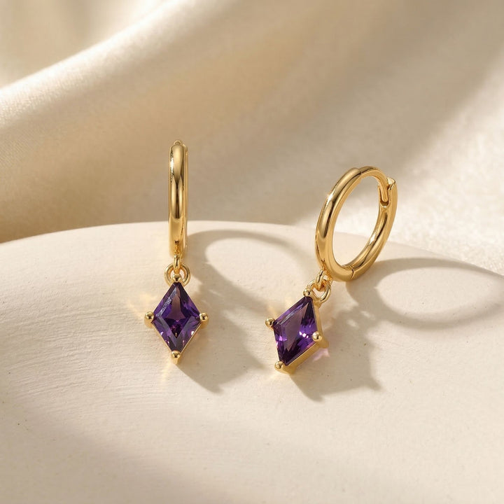 Tiny Amethyst February Birthstone Dangle Rook Hoops
