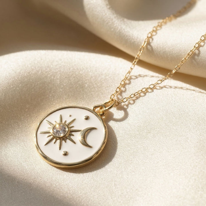 White Enamel Celestial Sun Moon Round Charm Necklace