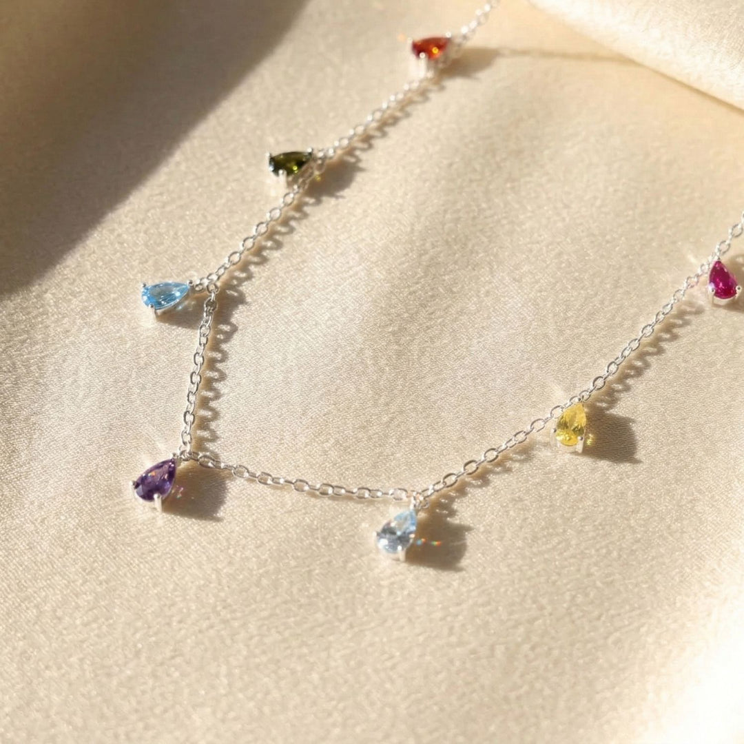 Vibrant Multi Colour Gemstone Teardrop Silver Necklace
