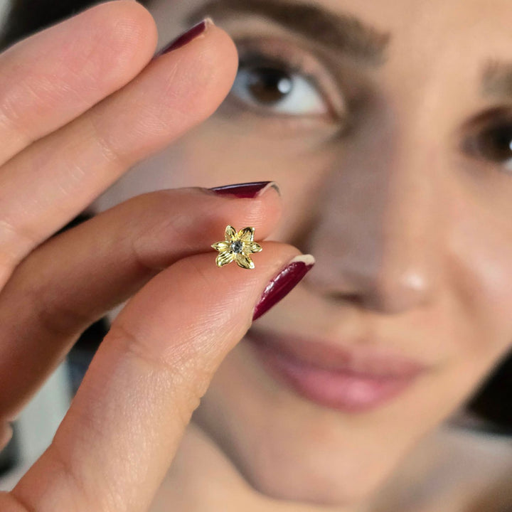 Aquamarine March Birthstone Daffodil Birthflower Gold Plated Stud Earrings