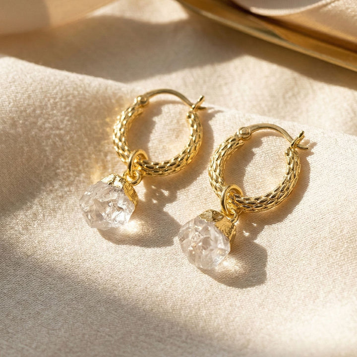 Raw Moonstone June Birthstone Huggie Hoops Gold Vermeil Plated Gemstone Earrings