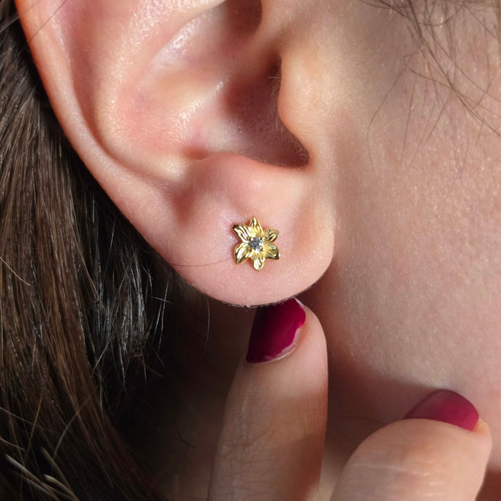 Aquamarine March Birthstone Daffodil Birthflower Gold Plated Stud Earrings