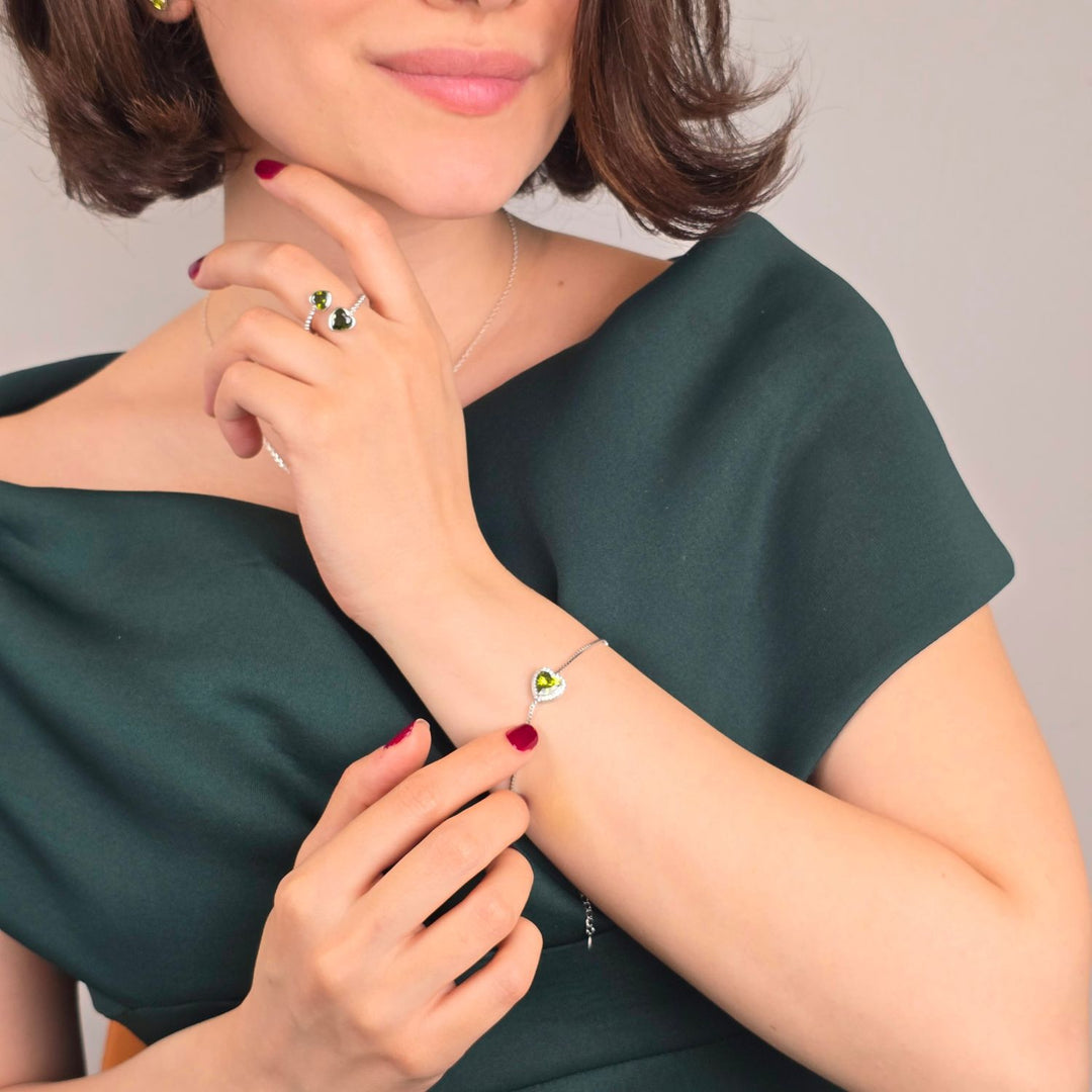 Double Heart Peridot Heart August Birthstone Adjustable Silver Ring