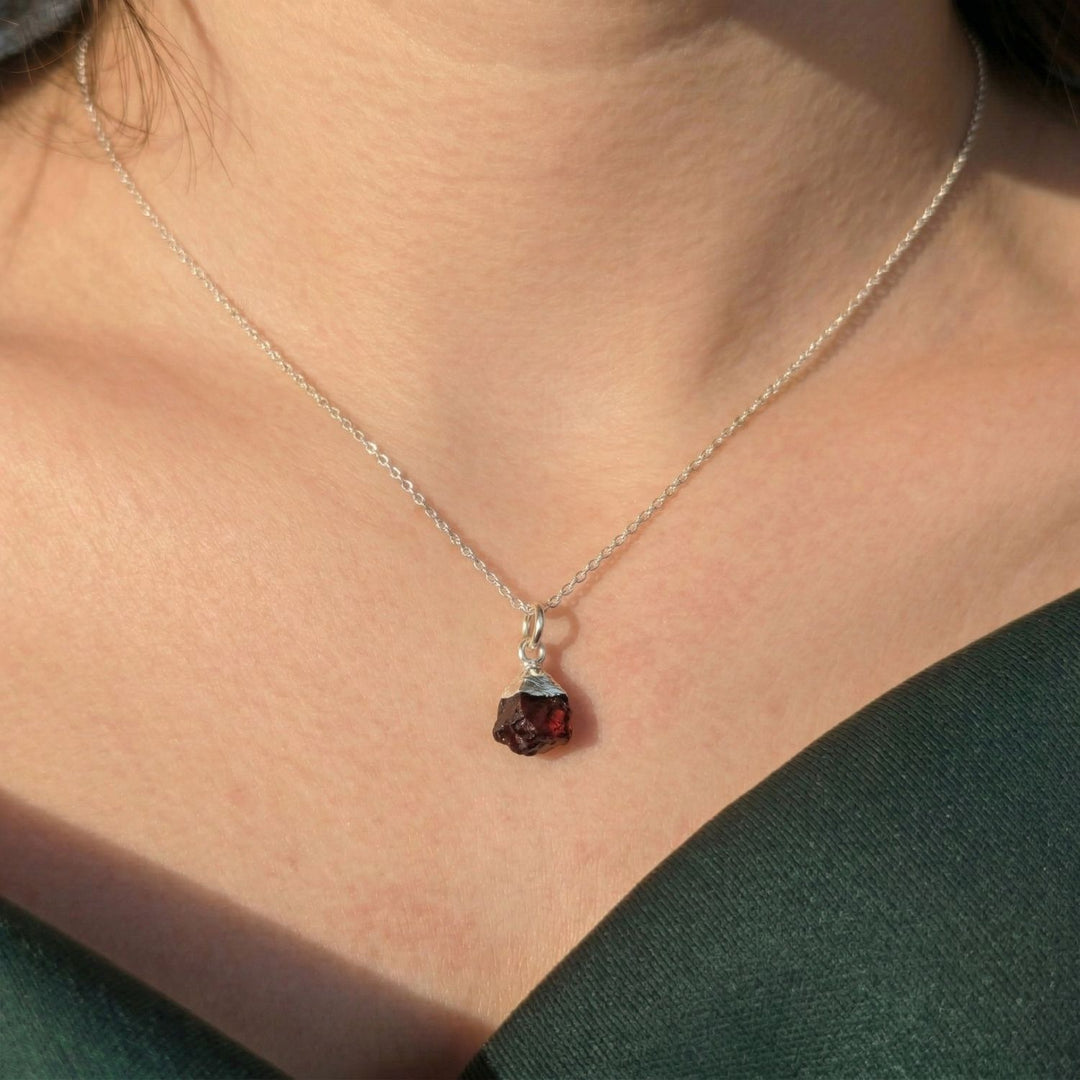 Sterling Silver Raw Garnet January Birthstone Crystal Necklace