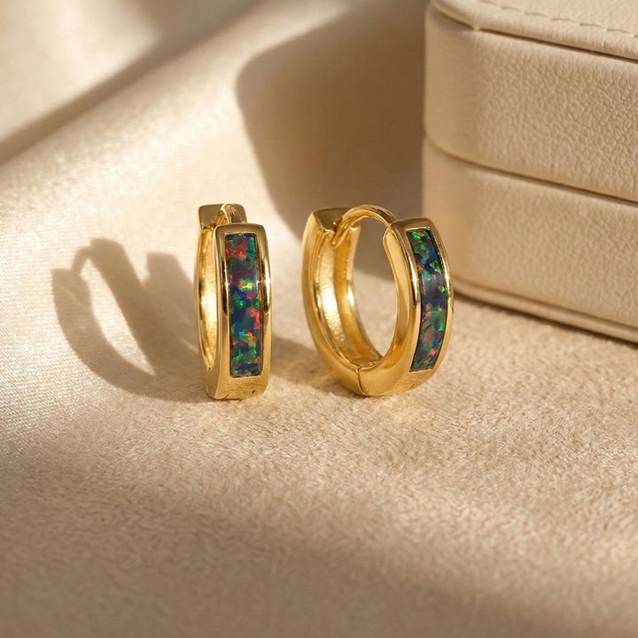 Forest Green Opal Huggie Hoop Gold Plated Earrings