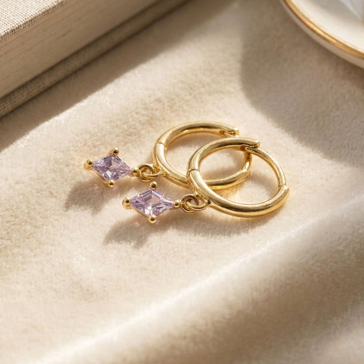 Alexandrite June Birthstone Delicate Gold Plated Dangle Hoops