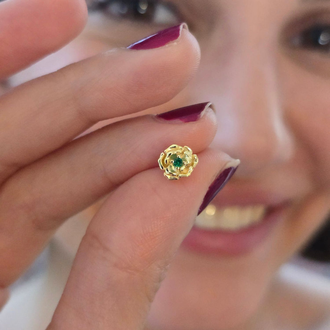 Emerald May Birthstone Hawthorn Birthflower Gold Plated Stud Earrings