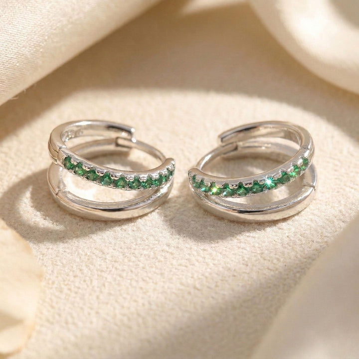 Emerald May Birthstone Double Hoop Small Huggie Sterling Silver Earrings