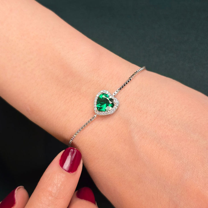 Emerald May Birthstone Love Heart Charm Sterling Silver Bracelet