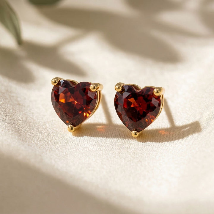 Garnet Heart January Birthstone Stud Earrings