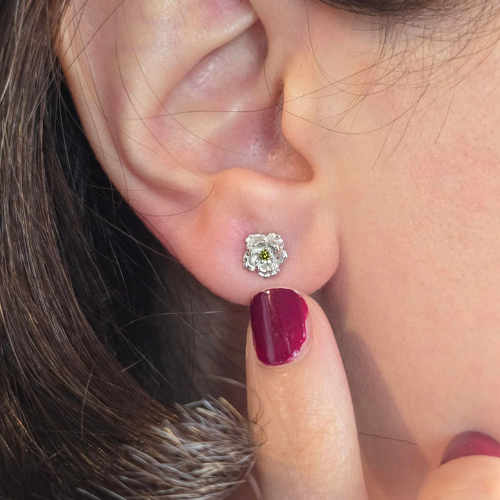 Peridot August Birthstone Poppy Birthflower Sterling Silver Stud Earrings