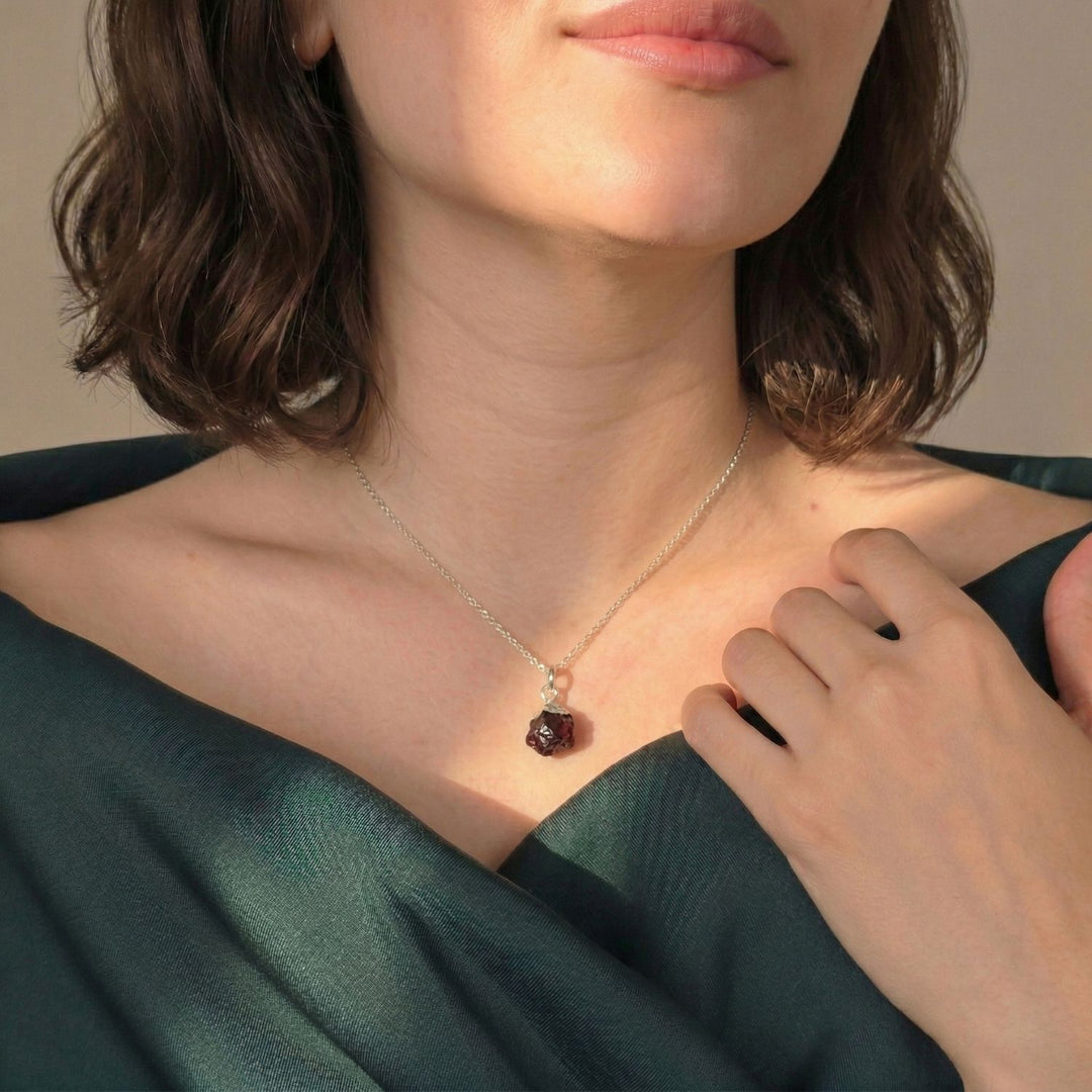 Sterling Silver Raw Garnet January Birthstone Crystal Necklace