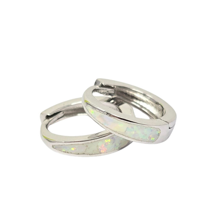 White Opal Tapered Sterling Silver Huggie Hoop Earrings