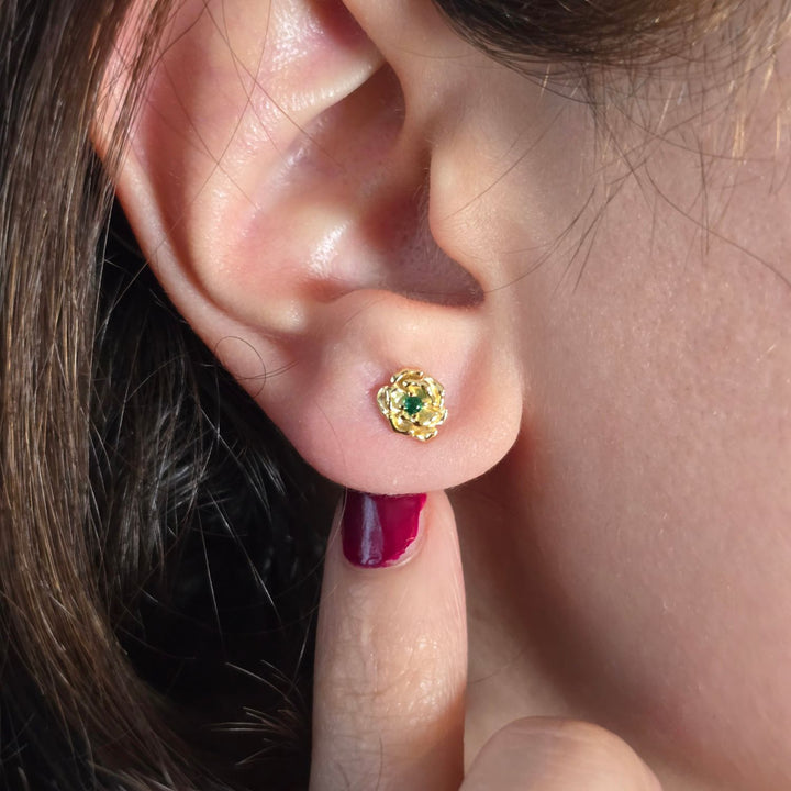 Emerald May Birthstone Hawthorn Birthflower Gold Plated Stud Earrings