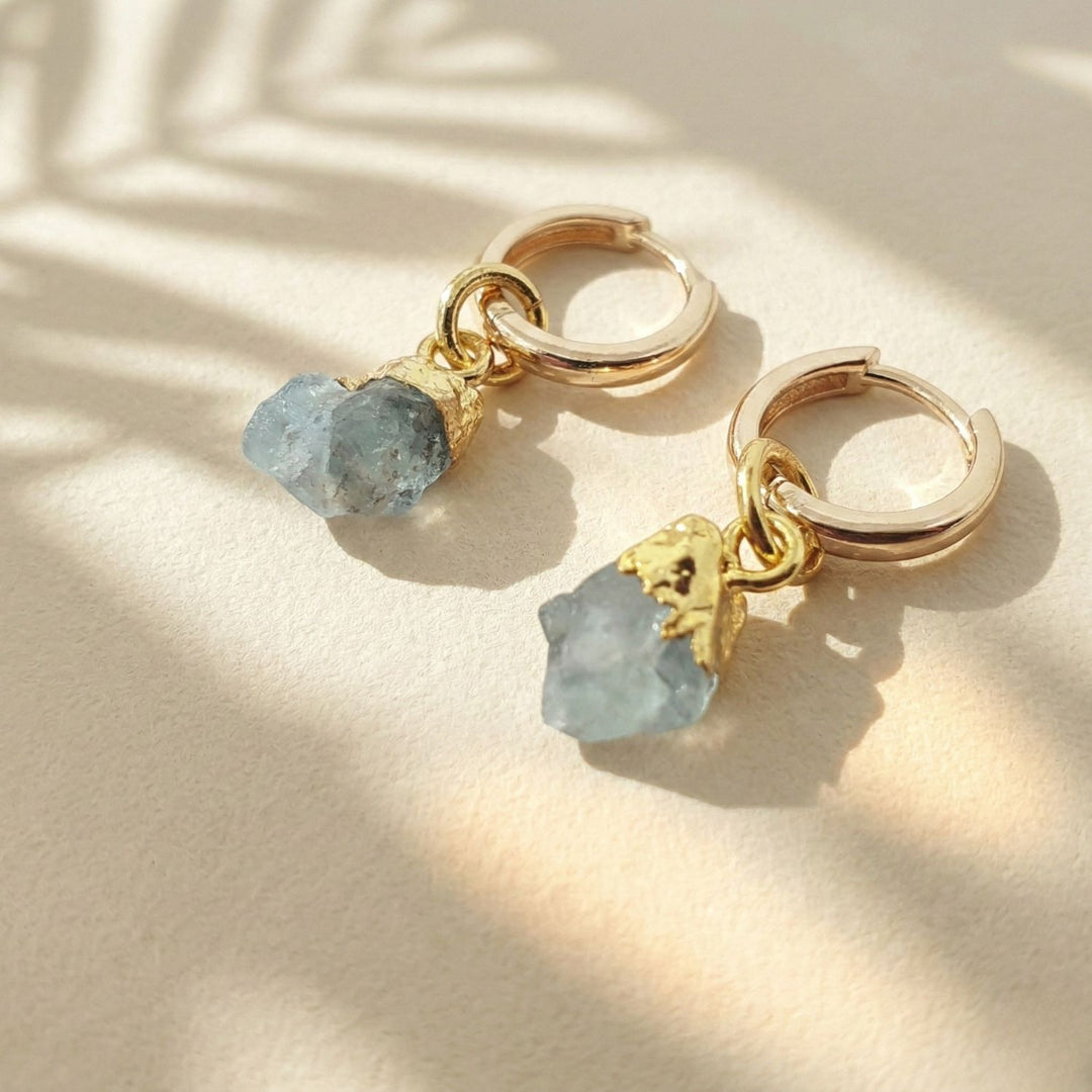 Raw Aquamarine March Birthstone Gold Plated Huggies