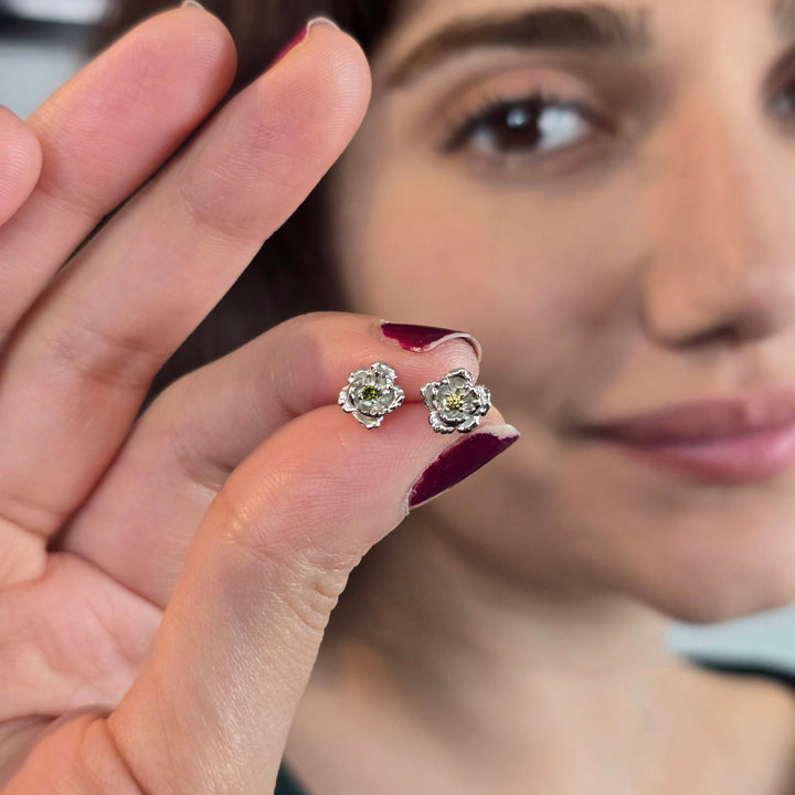 Peridot August Birthstone Poppy Birthflower Sterling Silver Stud Earrings
