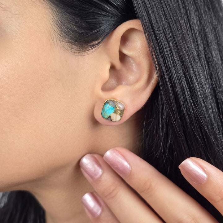 Gold Plated  Opal And Turquoise Gold Plated Gemstone Stud Earrings