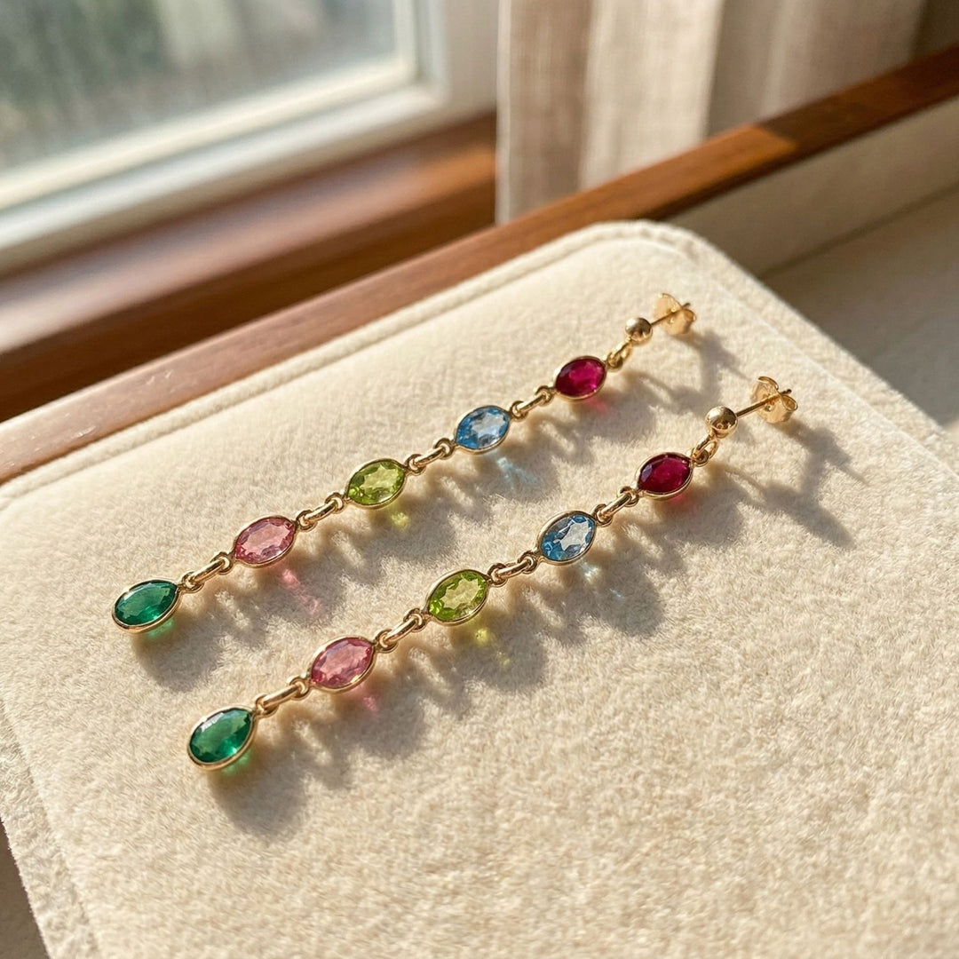 Dangle Multi Gemstone Crystal Drop Gold Plated Earrings