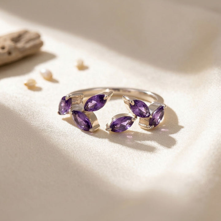 Sterling Silver Open Leaf Ring with Amethyst Gemstones