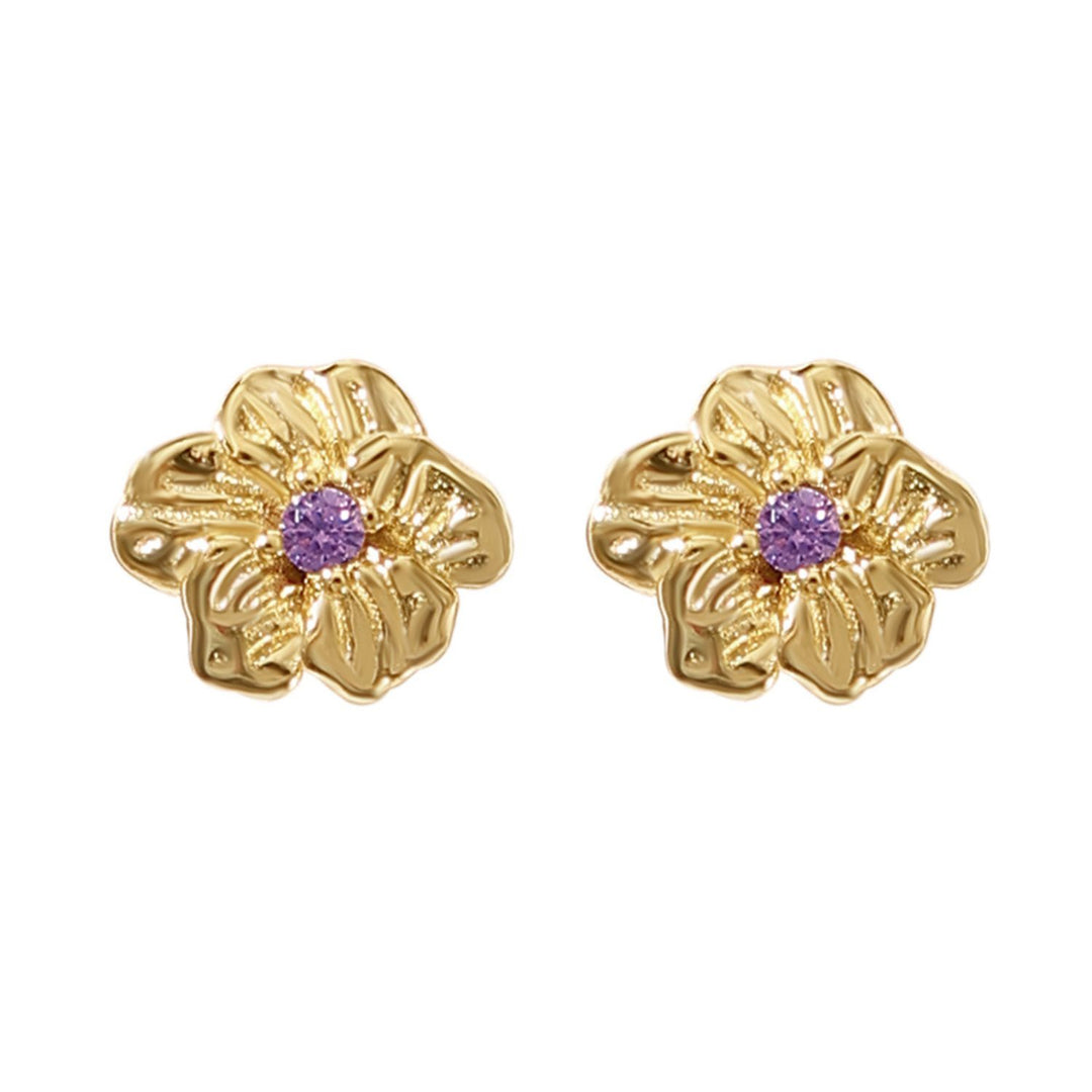 Amethyst February Birthstone Violet Birthflower Gold Plated Stud Earrings