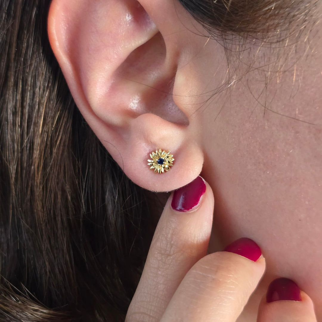 Sapphire September Birthstone Aster Birthflower Gold Plated Stud Earrings