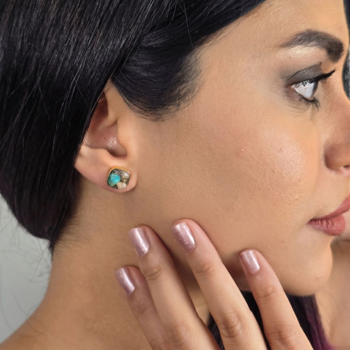 Gold Plated  Opal And Turquoise Gold Plated Gemstone Stud Earrings
