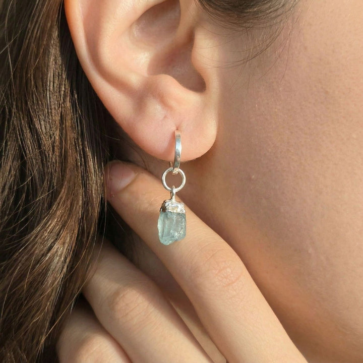 Raw Aquamarine March Birthstone Sterling Silver Huggies