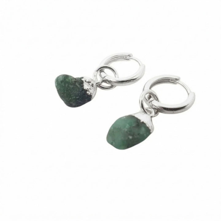 Raw Emerald May Birthstone Sterling Silver Huggies