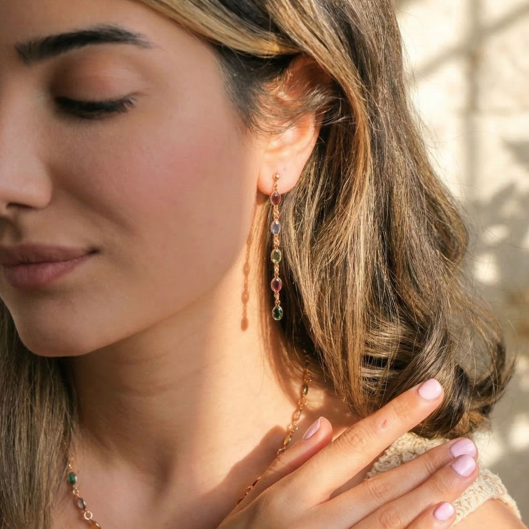 Dangle Multi Gemstone Crystal Drop Gold Plated Earrings